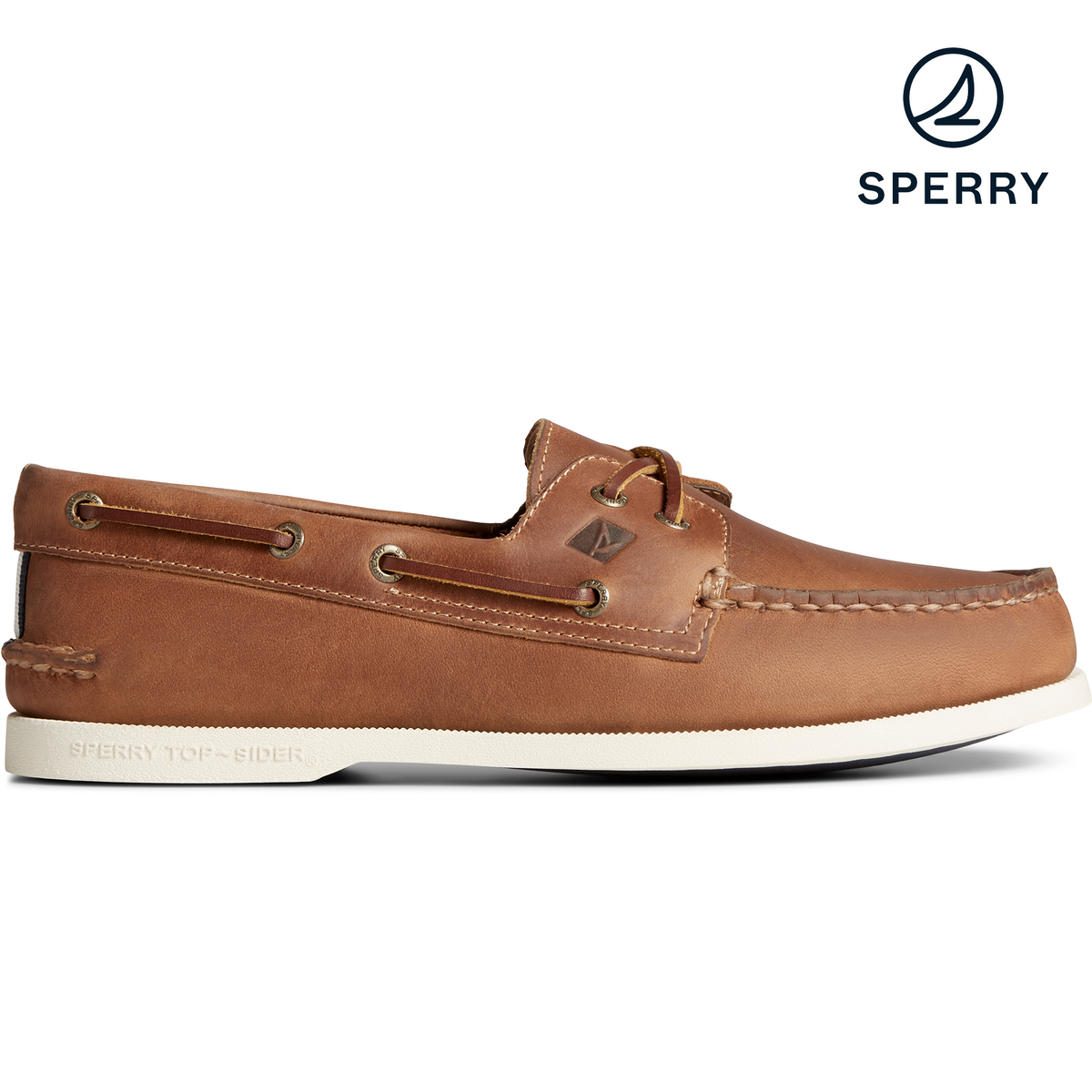 Men s Authentic Original Cross Lace Leather Boat Shoe Tan STS24867